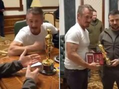 Sean Penn, a Hollywood actor, gives President Zelenskyy of Ukraine his Oscar.