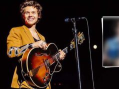 In this chilly weather, Harry Styles’ scorching look in a tan and denim jacket with fringe and rhinestone accents is making us perspire.